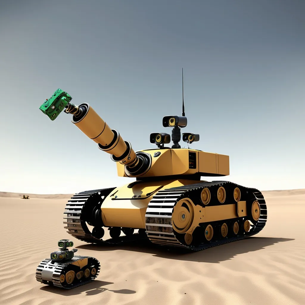 Prompt: Generate an image of a low, tank-like robot with caterpillar tracks instead of legs. The robot is performing a patrol, circling around and scanning its surroundings with its multiple cameras. The scene should convey a sense of tension; the robot hasn't noticed an unseen person hiding nearby.