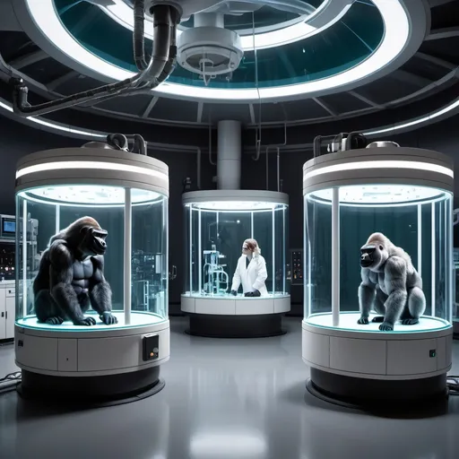 Prompt: A futuristic laboratory with two tall, cylindrical glass enclosures standing side by side. Inside the left enclosure, there is a large wolf sitting calmly, and in the right one, an adult gorilla is seated. Both animals appear calm and are looking forward. The enclosures are illuminated from the top by bright, focused lights. Scientists in white lab coats are scattered around, deeply engaged in various tasks: one is holding a test tube while discussing findings with a colleague at a table, another is working on a computer, and one is standing between the enclosures, observing. The background features a DNA helix structure, laboratory equipment, and a sterile, high-tech ambiance, enhancing the scientific environment."