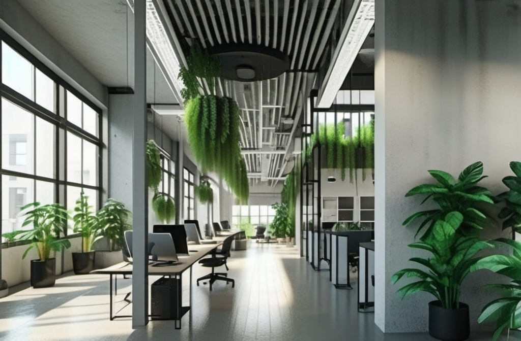 Prompt: a long empty room with a lot of windows and a light coming through the window on the ceiling and the floor, Bauhaus, light and space, dim volumetric lighting, a digital rendering. Open office area, green and comfortable environment