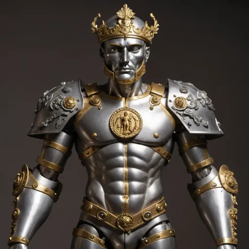 Prompt: A metal man, with a head of gold, chest and arms of silver, stomach and thighs of brass, legs of iron, feet of iron mixed with clay. 