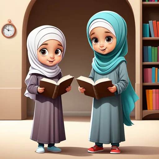 Prompt: a little girl and a little boy cartoon wearing hijab standing while holding book