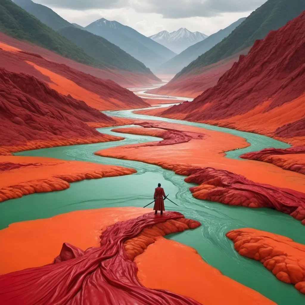 Prompt: A SERENE MOUNTAIN LANDSCAPE WITH A blood red  RIVEr   rUNNING THROUGH IT and a man standing on 100 dead bodies   in between the river with a sword drentched in blood  the sky is bright greenish orange
 
