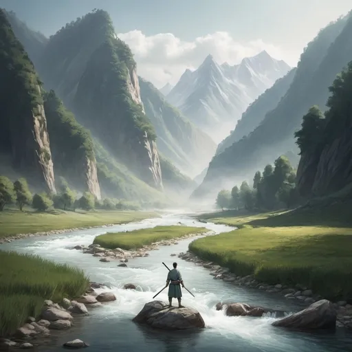 Prompt: A SERENE MOUNTAIN LANDSCAPE WITH A RIVER UNNING THROUGH IT and a man standing in between the river with a sword 
