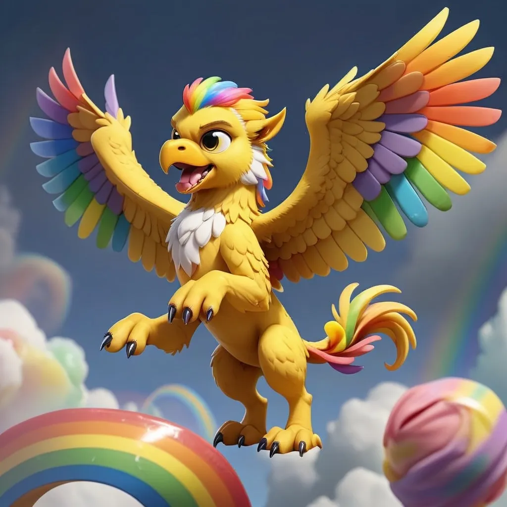 Prompt: A cute yellow griffin holding a rainbow sourtape candy on its claws