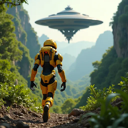 Prompt: hyper-realistic close foreground alien in yellow military armor running in jungle toward triangular spaceship hovering above valley, highly detailed, intricate, sci-fi, sharp focus, 4k