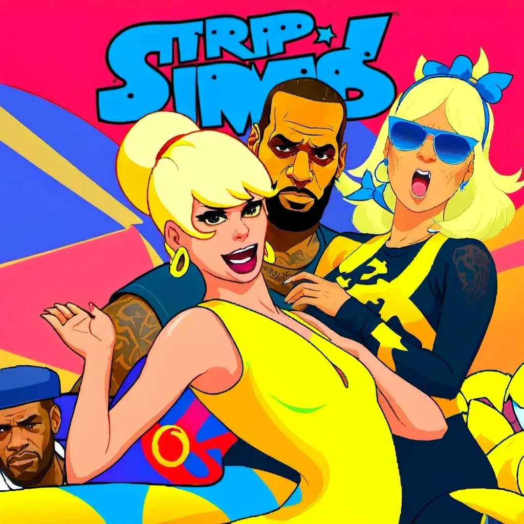 Prompt: GTA V cover art, blonde woman on t at stripclub, cartoon illustration,  with lebron james and brony james