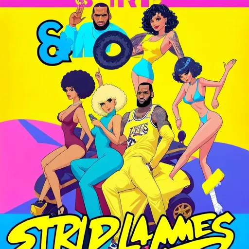 Prompt: GTA V cover art, black women with black curly hair , lightskin women curly hair , blonde woman ,  on  at stripclub, cartoon illustration,  with lebron james 