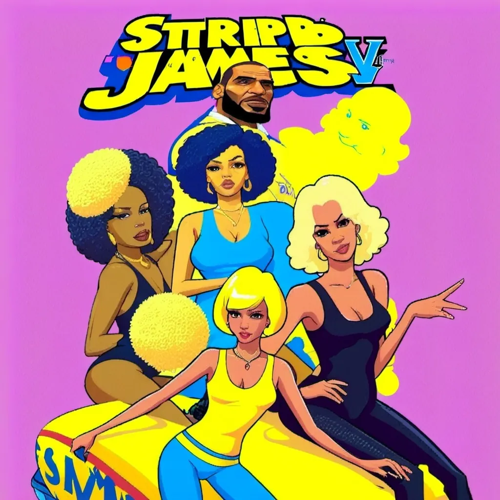 Prompt: GTA V cover art, black women with black curly hair , lightskin women curly hair , blonde woman ,  on  at stripclub, cartoon illustration,  with lebron james 