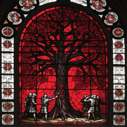 Prompt: Stained glass window. Blood red scene of men in chain-mail armor burning down a black tree with red leaves.