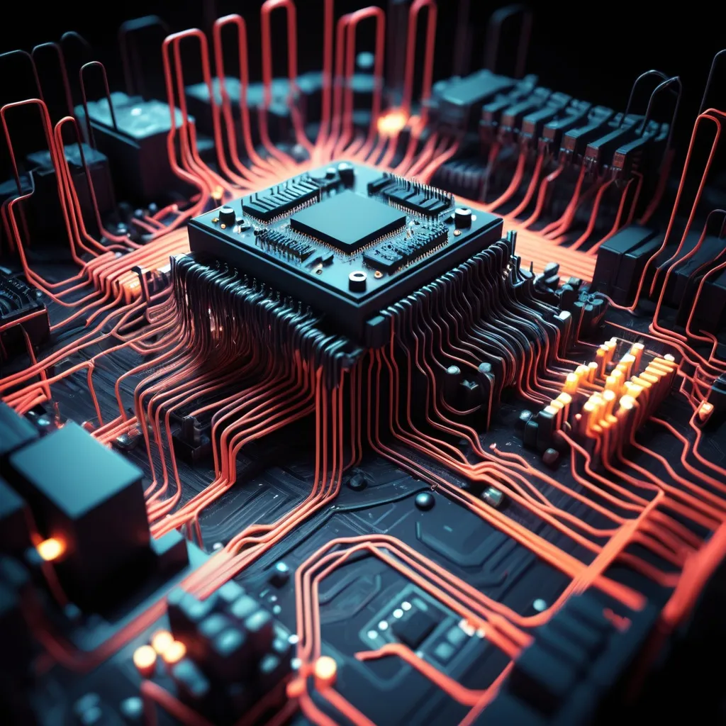 Prompt: voxel 3d render, electronics circuit full of connections, dark image, disorder, old, hot, dusty