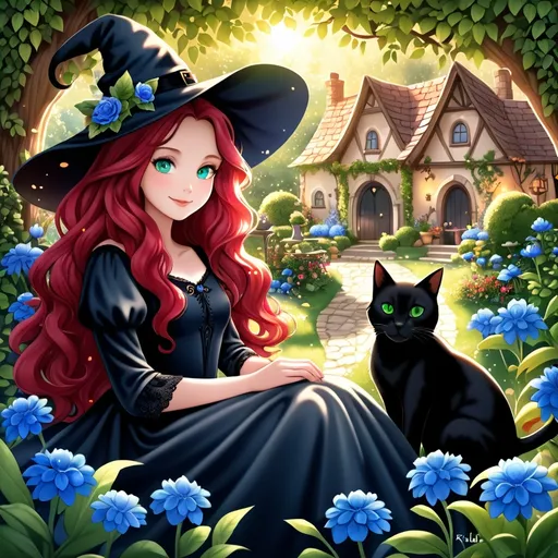 Prompt: friendly looking witch, (rubyred wavy long hair), (blue eyes), warm and inviting atmosphere, whimsical garden background with blue flowers, soft sunlight filtering through leaves, playful smile, wearing a charming black dress, a black cat (green eyes) sitting next to her, HD, ultra-detailed, enchanting ambiance with a touch of fantasy.