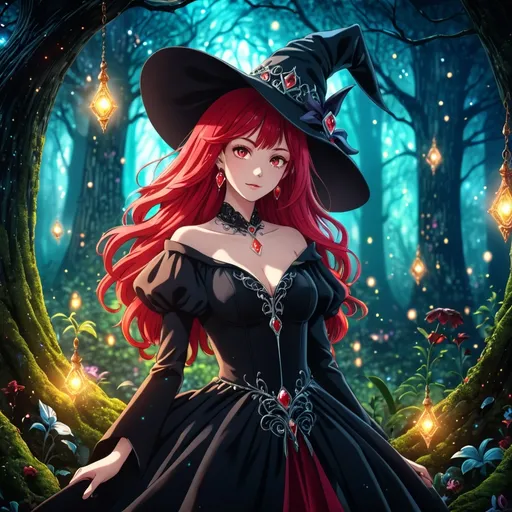 Prompt: anime witch with (ruby-red hair), (gracefull expression), dressed in (elegant black dress), (highly detailed) features, mystical ambiance, enchanted forest background with glimmers of magical light, moody atmosphere, capturing the essence of fantasy and charm, (ultra-detailed), vibrant colors, magical elements subtly integrated, (4K quality).