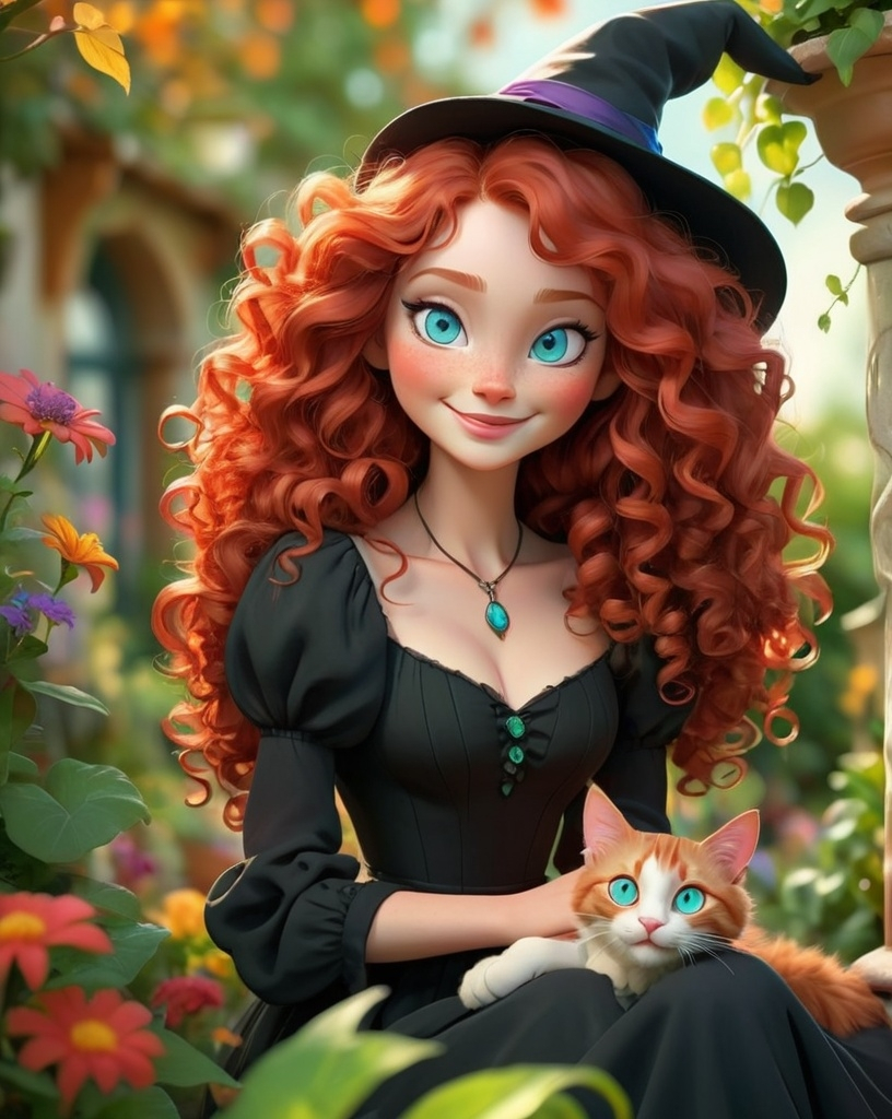 Prompt: friendly looking witch, (red curly long hair), (ocean blue eyes), warm and inviting atmosphere, whimsical garden background with colorful flowers, soft sunlight filtering through leaves, playful smile, wearing a charming black dress, a cat (black) (green eyes) sitting next to her, HD, ultra-detailed, enchanting ambiance with a touch of fantasy.