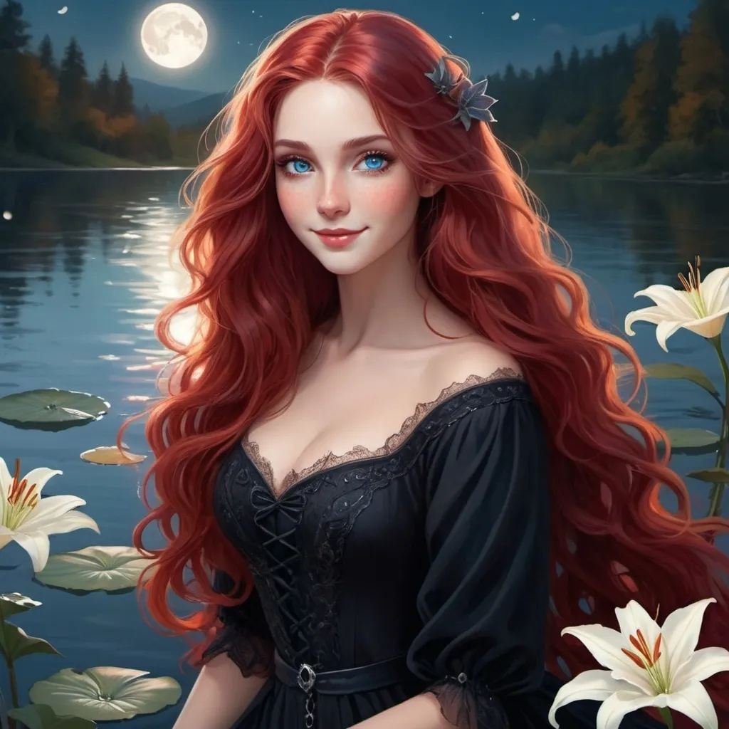 Prompt: mysterious looking witch, (ruby red wavy long hair), (blue eyes), warm and inviting atmosphere, whimsical lake background decorated with white lilies, soft moonlight filtering through leaves, playful smile, wearing a charming black dress, (HD), (ultra-detailed), enchanting ambiance, a touch of fantasy