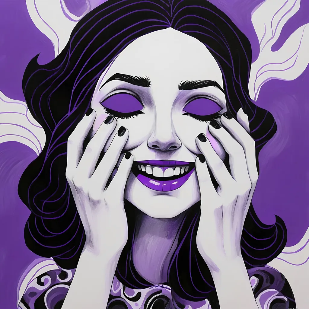 Prompt: Expressionism style painting using purple and black colours, the background is white, of a woman covering her eyes with her hands while smiling