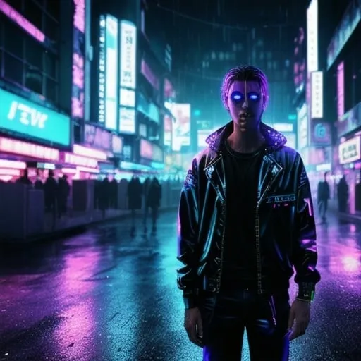 Prompt: man to a hologram in a cyberpunk city while raining with neon lights in the background