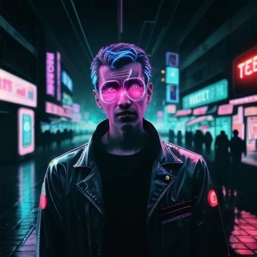 Prompt: man to a hologram in a cyberpunk city while raining with neon lights in the background