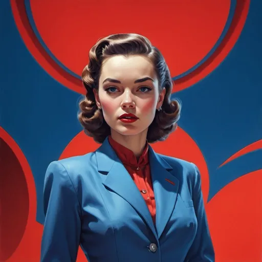 Prompt: a woman in a blue suit, with a red background, retrofuturism, ultra realistic illustration, concept art, 1950s style