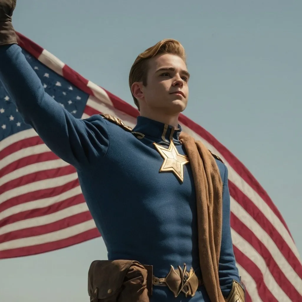 Prompt: the homelander from the boys saluting the American flag