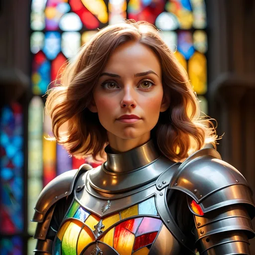 Prompt: a woman in knight armour with no helmet looking to the side with colourful stained glass in the background, sun shines through the stained glass