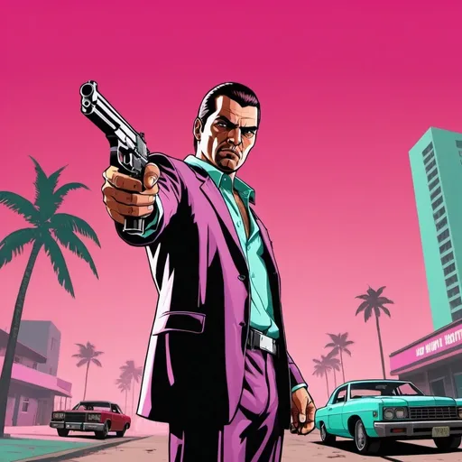 Prompt: grand theft auto vice city style gangster holding a gun