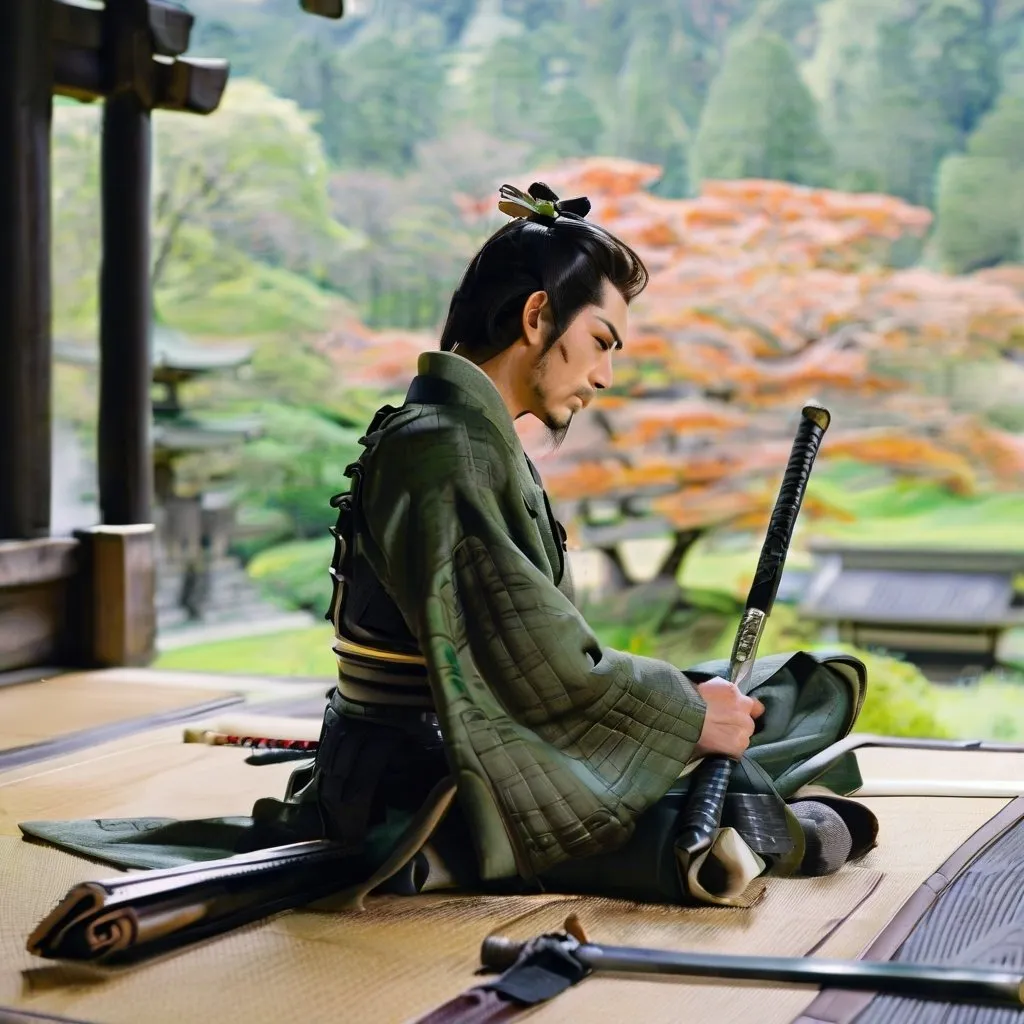 Prompt: samurai warrior resting while holding a katana sword in his hands, a large green forest is in the background with an ancient Japanese temple overlooking it