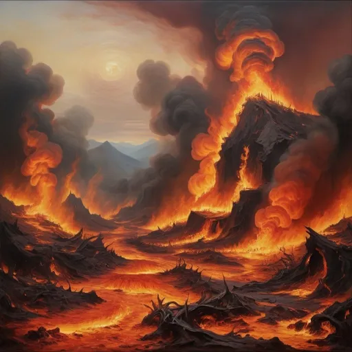 Prompt: a hell landscape filled with fire and death in an oil painting fashion