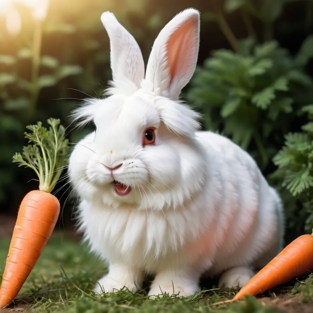 Prompt: white fluffy bunny rabbit with long fluffy ears and fluffy tail smiling while looking at a carrot