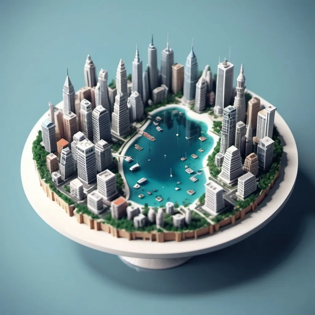 Prompt: miniature isometric world render, a modern city surrounded by clear water, on a table