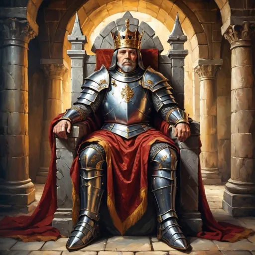 Prompt: an ancient king in royal armour sitting on a throne inside a stone castle in an oil painting style