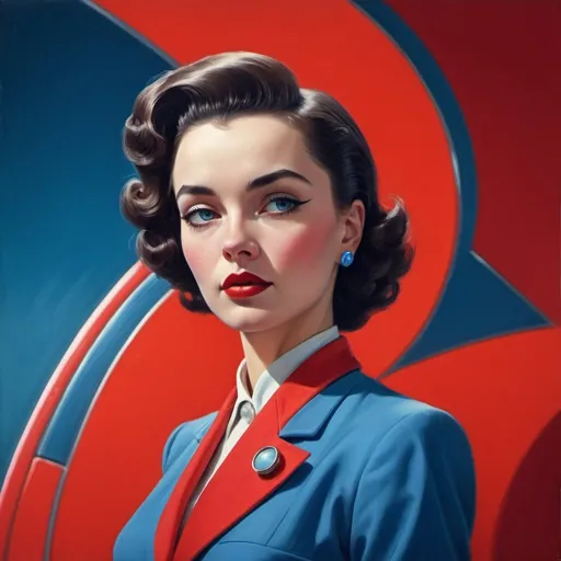 Prompt: a woman in a blue suit, with a red background, retrofuturism, ultra realistic illustration, concept art, 1950s style