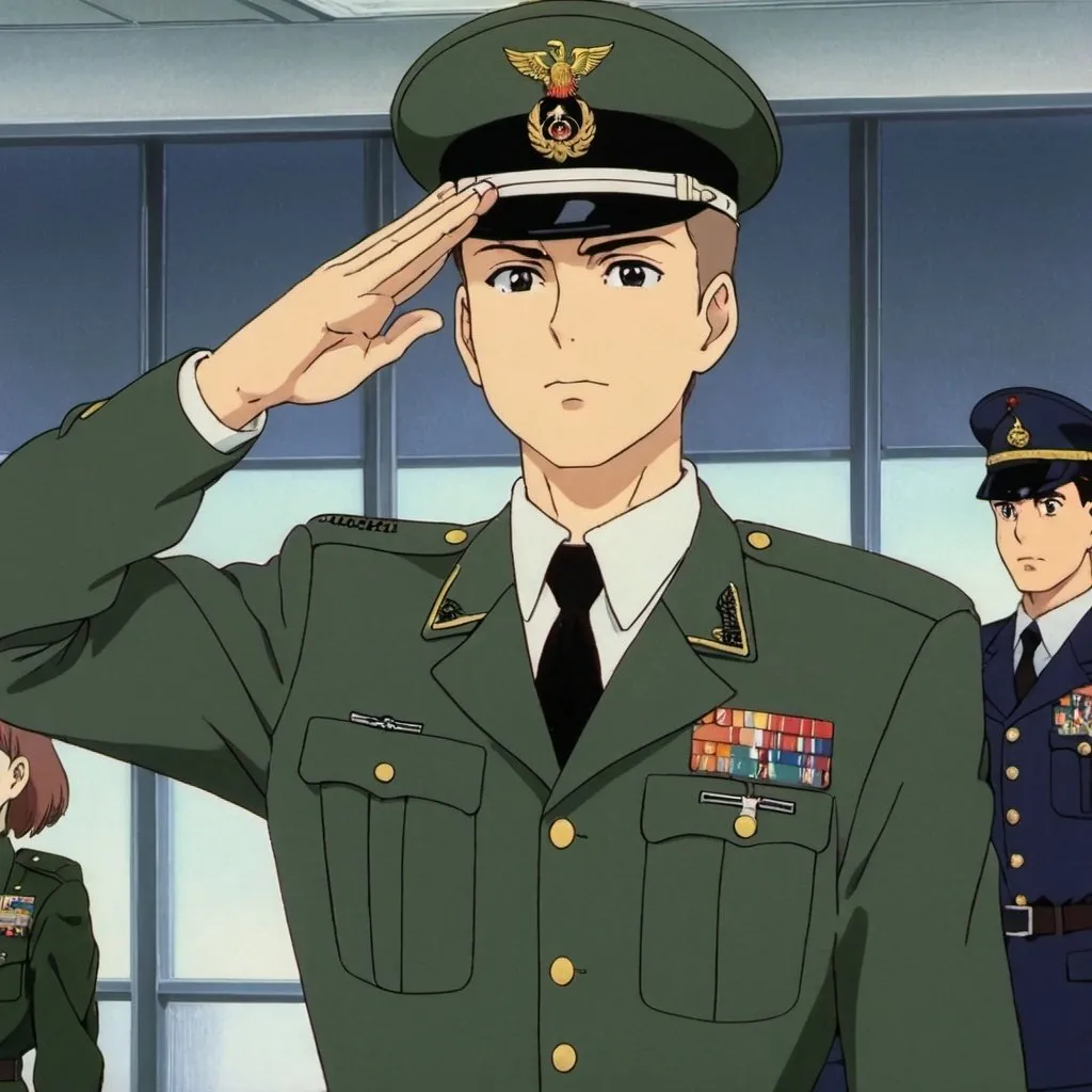 Prompt: 1990s anime screencap, an army officer saluting, anime scene
