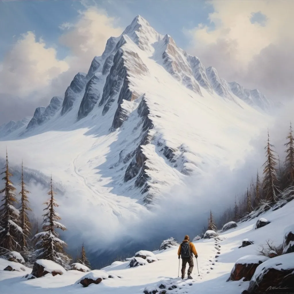 Prompt: large snowy mountain with a hiker fighting against the heavy snowfall in an oil painting fashion