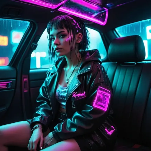 Prompt: a woman wearing cyberpunk style clothing sitting in the backseat of a car surrounded by neon lights and rain