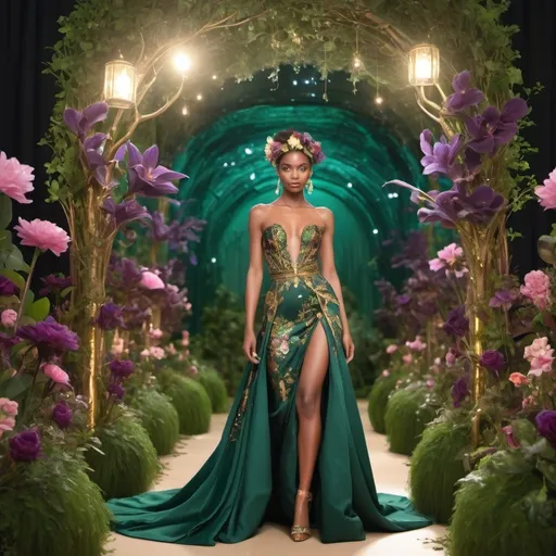 Prompt: Met gala attire with Enchanted Garden theme, intricate (floral patterns), opulent designs, (luxurious fabrics), vibrant colors - rich emeralds, deep purples, gold accents, dramatic lighting, ethereal and magical atmosphere, detailed floral and fauna elements incorporated into the garments, elegant and stylish poses, (extravagant hair and makeup), high fashion, regal and sophisticated backdrop featuring lush, enchanted garden with twinkling fairy lights and mystical elements, 4K, ultra-detailed.