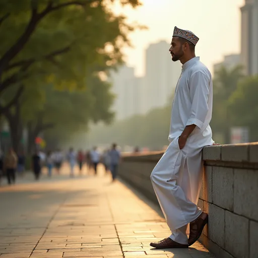 Prompt: Strolling along a sunlit walkway, a man leans thoughtfully against a stone barrier, exuding a sense of calm confidence. Dressed in a traditional white outfit that flows elegantly, he sports a patterned cap that adds a vibrant touch to his look. The background features lush green trees and a softly illuminated street, hinting at an early evening atmosphere while modern buildings stand tall in the distance, blending contemporary life with cultural heritage. The composition captures both the stillness of the moment and the hint of activity as people can be seen in the background, evoking a narrative of quiet contemplation amidst urban life. The warm colors and gentle lighting create a serene mood, inviting the viewer to appreciate the beauty of the scene.