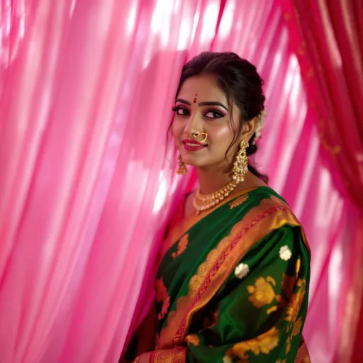 Prompt: Draped in a vibrant green and gold saree, accented with intricate patterns, a woman stands against a backdrop of vivid pink fabric, which features elegant draping and designs. Her expression is one of contemplation, enhanced by her golden nose ring and traditional jewelry, including earrings that glimmer softly. The pink drapery behind her suggests a festive or ceremonial setting, hinting at a celebration or cultural event. Subtle natural lighting highlights her features, creating an intimate atmosphere that captures both tradition and modernity. The overall mood conveys a blend of beauty and introspection, inviting viewers to reflect on the moment.