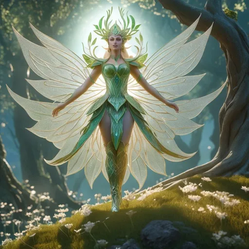 Prompt: Elven deity, fey deity, ethereal and graceful, 3D rendering, intricate nature-inspired details, majestic and otherworldly, high quality, fantasy, magical, ethereal, 3D rendering,  intricate details, nature-inspired, otherworldly