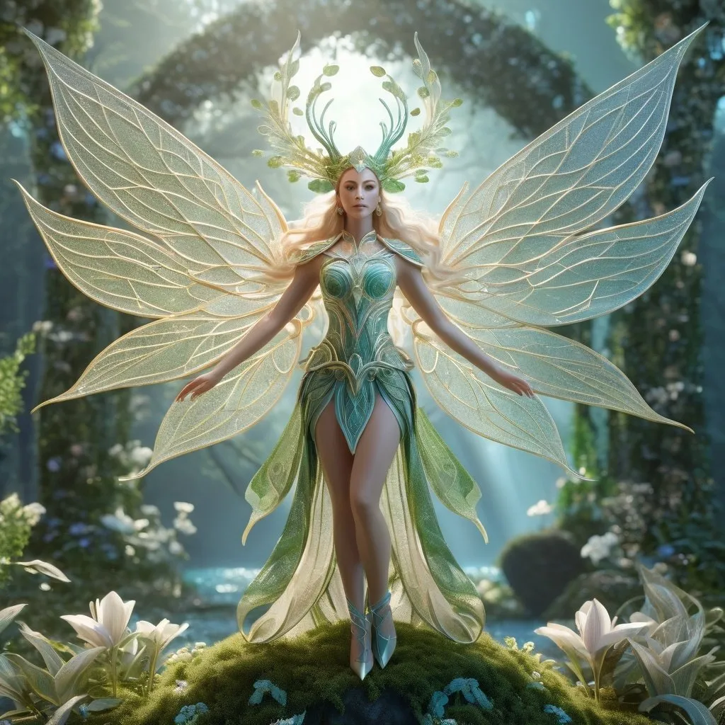 Prompt: Elven deity, fey deity, ethereal and graceful, 3D rendering, intricate nature-inspired details, majestic and otherworldly, high quality, fantasy, magical, ethereal, 3D rendering,  intricate details, nature-inspired, otherworldly