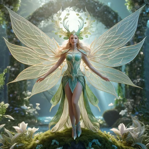 Prompt: Elven deity, fey deity, ethereal and graceful, 3D rendering, intricate nature-inspired details, majestic and otherworldly, high quality, fantasy, magical, ethereal, 3D rendering,  intricate details, nature-inspired, otherworldly