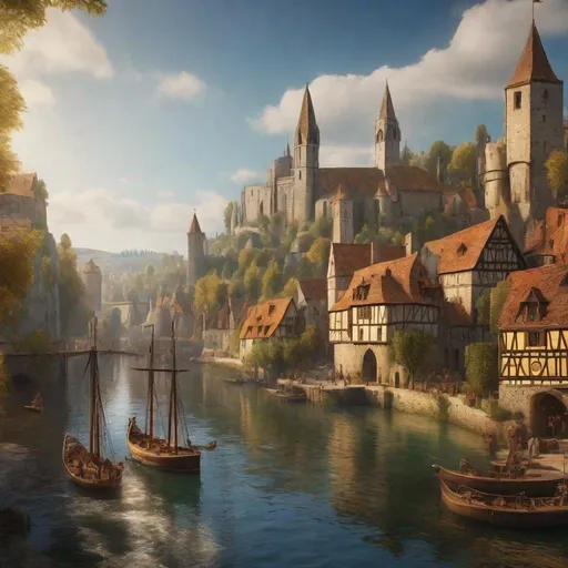 Prompt:  large medieval city at the head waters of a river, docked ships, vibrant, panoramic view, uhd, 4k, natural lighting, fantasy setting, noon
