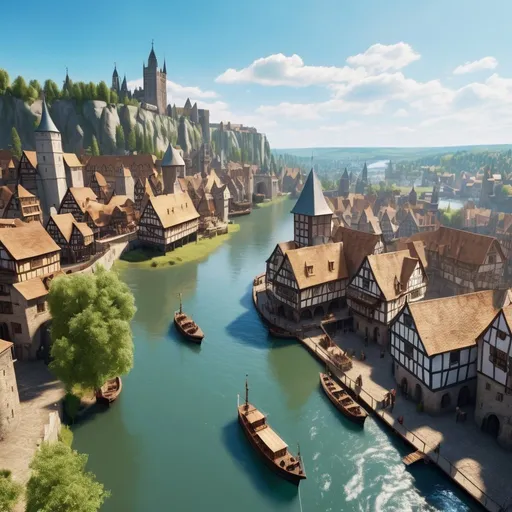 Prompt:  large medieval city at the head waters of a river, docked ships, vibrant, panoramic view, uhd, 4k, natural lighting, fantasy setting, noon
