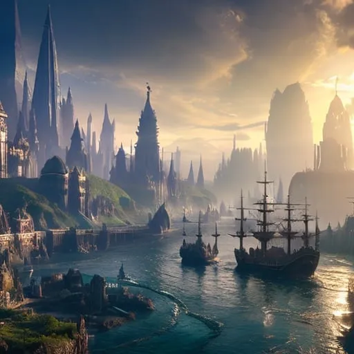 Prompt: Fantasy concept art of a large city at the head waters of a river, docked ships, vibrant, panoramic view, uhd, 4k, natural lighting
