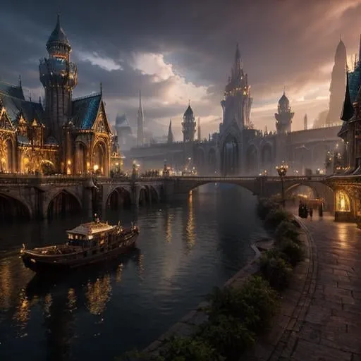 Prompt: Fantasy concept art of a large city at the head waters of a river, docked ships, towering majestic architecture, mystical atmosphere, enchanting light effects, high quality, fantasy, detailed cityscape, riverside, majestic ships, mystical ambiance, enchanting lighting, panoramic view, natural light
