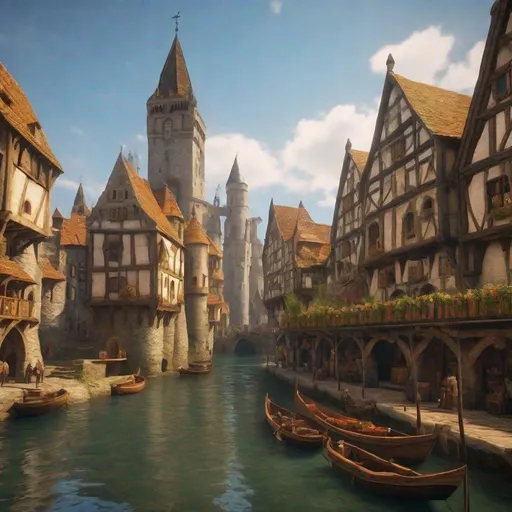 Prompt:  large medieval city at the head waters of a river, docked ships, vibrant, panoramic view, uhd, 4k, natural lighting, fantasy setting, noon
