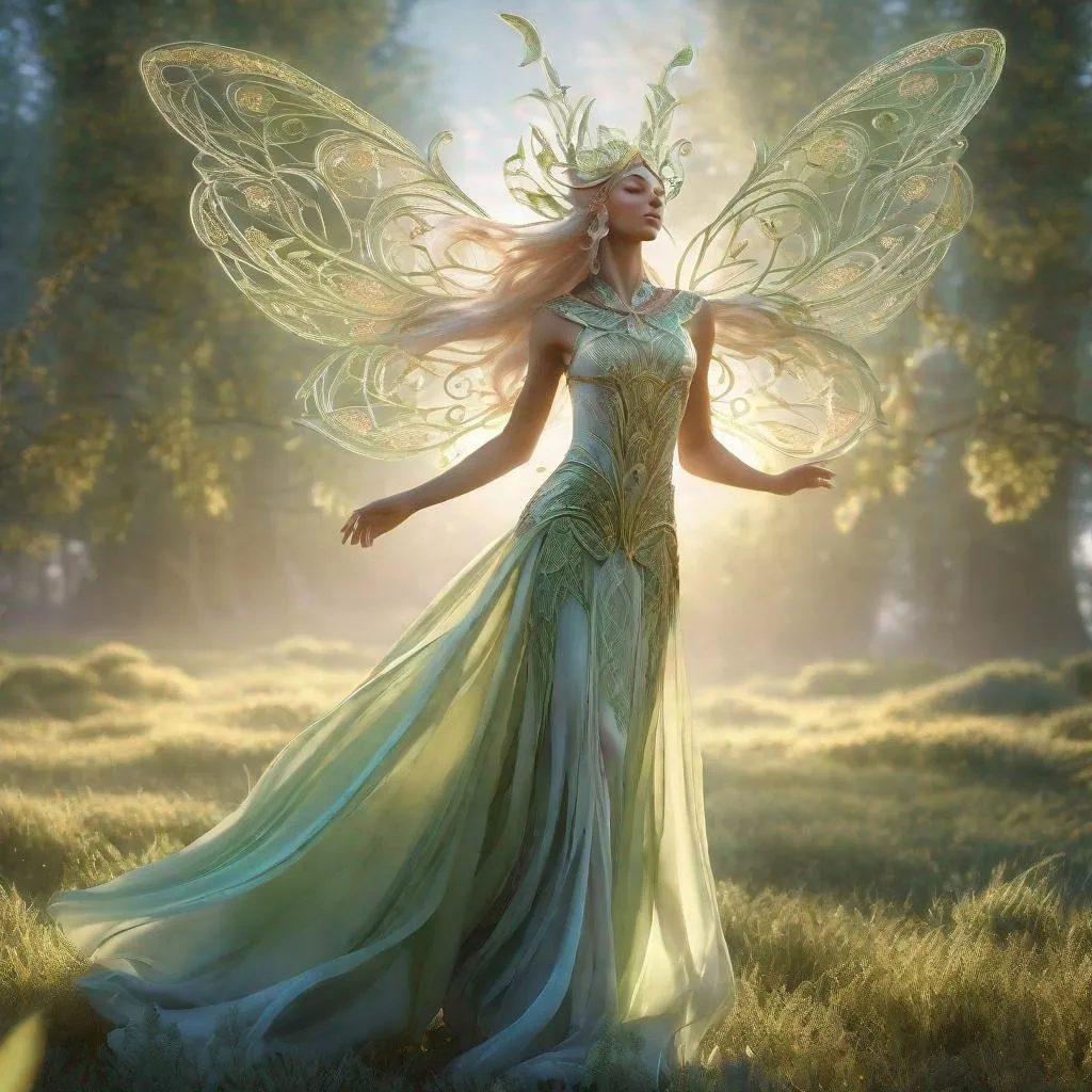 Prompt: Elven deity, fey deity, ethereal and graceful, 3D rendering, intricate nature-inspired details, majestic and otherworldly, high quality, fantasy, magical, ethereal, 3D rendering,  intricate details, nature-inspired, otherworldly, dancing across a field