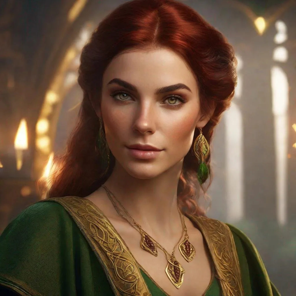 Prompt: high-resolution, Headshot, Realistic, Young adult, Pretty Elf woman, light freckles dark red hair, Gold earrings, face tattoo, green robe with chain mail, mage, witch, Wizard, Elf, Elven, High Fae, Fae, 4k, 128k UHD HDR, High quality, Concept art style, Video game style, perfect eyes, perfect face, Lord of the rings, Game of thrones, World of war craft, high resolution eyes