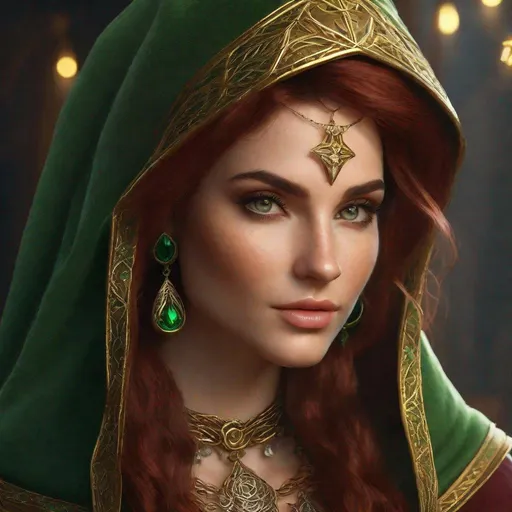 Prompt: high-resolution, Headshot, Realistic, Young adult, Pretty Elf woman, light freckles dark red hair, Gold earrings, face tattoo, green robe with chain mail, mage, witch, Wizard, Elf, Elven, High Fae, Fae, 4k, 128k UHD HDR, High quality, Concept art style, Video game style, perfect eyes, perfect face, Lord of the rings, Game of thrones, World of war craft, high resolution eyes