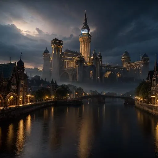 Prompt: Fantasy concept art of a large city at the head waters of a river, docked ships, towering majestic architecture, mystical atmosphere, enchanting light effects, high quality, fantasy, detailed cityscape, riverside, majestic ships, mystical ambiance, enchanting lighting, panoramic view