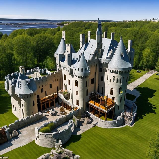 Prompt: castle Celtic architecture, multiple levels, curtain wall, circular, panoramic view, highly detailed, natural lighting, built on a bluff overlooking a river